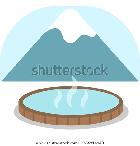 Japanese traditional hot spring onsen bath with a mountain view. Winter activities on vacation. relaxing outdoor wooden bathtub. Promote poster. Vector illustration isolated on white background. Flat 