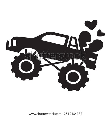 silhouette monster truck with a broken heart with large tires and a prominent roll cage