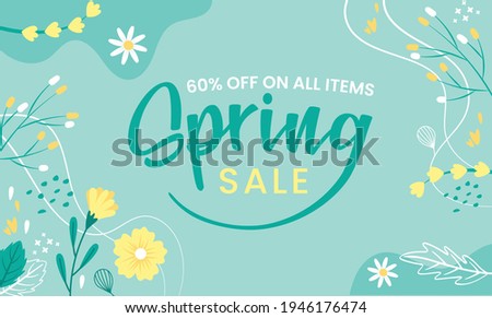 Hello Spring hand logotype, badge typography icon. Lettering spring season with leaf for greeting card, invitation template. Modern lettering banner poster template background, Sale, offer