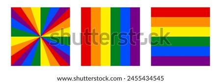 A set of bright rainbow patterns on three separate panels. The panels include: a radiant pattern, vertical rainbow stripes and a traditional horizontal rainbow flag. Vector illustration.