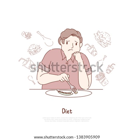 Unhappy obese man eating beans, dreaming about delicious hamburgers and fries, weight loss, healthy nutrition banner