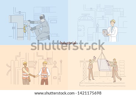 Man welding pipes in factory, constructing engineer checking equipment, construction workers on site banner