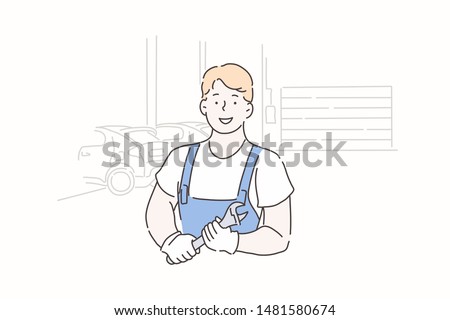 Auto service, auto repair, auto mechanic concept. Young experienced master man with a wrench, repairing a car or consulting. Cheerful guy with a smile, starts his favorite work. Simple flat vector.