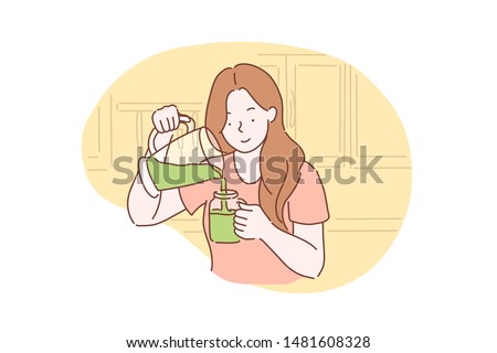 Health, vegetarianism, vegan green smoothie or cocktail concept. Happy healthy young woman got a vegetarian meal, Breakfast. Teenager Student girl with smile ready to eat healthy. Simple flat vector. Foto d'archivio © 