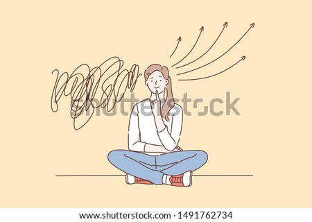 Strategy, solution, brainstorm concept. A young woman solves a puzzle and finds a solution. Concentrated student girl thinking or looks for the answer to a question. Simple flat vector.