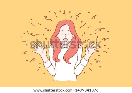 Wow effect concept. A girl with a surprised face takes a gift or a surprise. Excited screaming young woman. Simple flat vector.