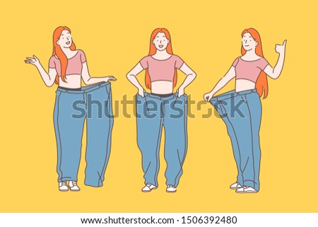 Diet, weight loss, slimming concept. Slim waist of young woman showing her old jeans after successful diet. Simple flat vector.