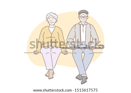 Pensioners, grandparents, older people concept. Older happy men and women enjoy sitting in parks. Elderly couple sit waiting to meet grandchildren. People in love. Simple flat vector.