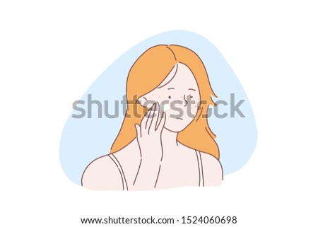 Teenage girl skincare problem concept. Woman with facial rash, lady applies cream, ointment on skin with acne pimples, covers freckles with foundation base, concealer. Simple flat vector