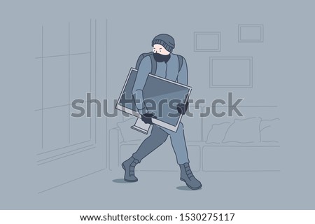 Burglary, crime, robbery, theft concept. Robber stealing TV set from apartment, lawbreaker, masked thief, housebreaker sneaking with tv set in darkness. Simple flat vector