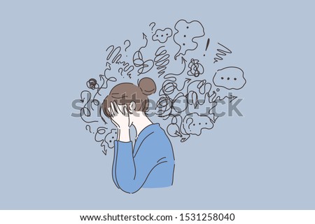 Mental disorder, finding answers, confusion concept. Woman suffering from depression, closing face with palms in despair, girl trying to solve complex problems. Simple flat vector Stock fotó © 