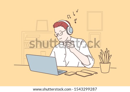 Work pause, take break concept. Office worker listening to music, young man working on laptop in headphones, freelancer workplace, employee cabinet, project manager workflow. Simple flat vector