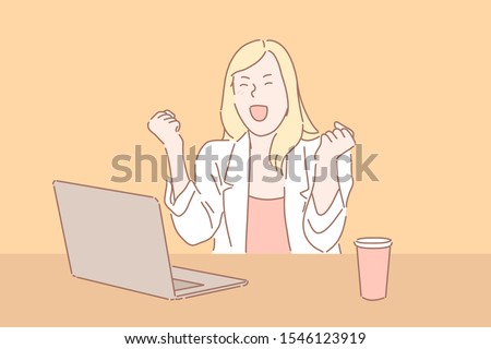 Woman reacting to good news concept. Business lady shouting with excitement, female boss receiving pleasant e mail, celebrating victory, office worker victorious gesture. Simple flat vector