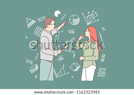 Business, study, strategy, question, teamwork concept. Young man and woman, businessmen or teachers decides task, plan. Team of economists analyze variable data. New idea. Flat simple vector.