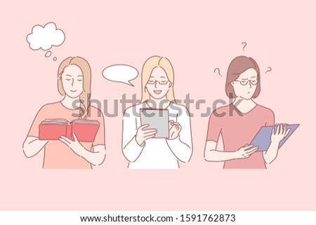 Paper and online documents, information sources, different emotions concept. Book reading, writing message, project work, women with print editions and electronic device. Simple flat vector