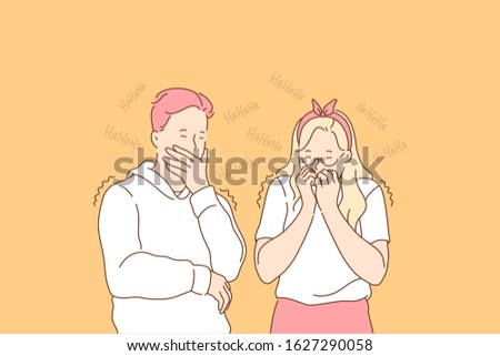Gossip, hypocrisy, giggle set concept. Hypocitical man and woman heard gossip and giggle on it. Humorous guy and girl are laughiung at joke. Young boy and girl are bullying others. Simple flat vector