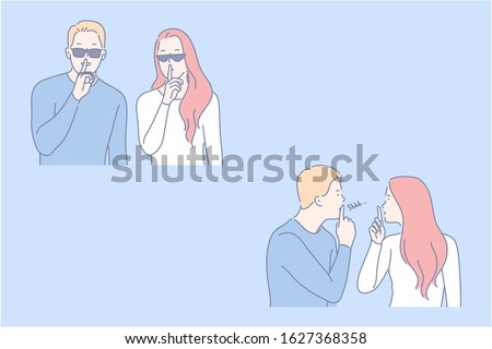 Secret, security, confidentiality set concept. Young couple asks to keep confidentiality. Wary man and woman is making security. Guy and girl demand to keep information in secret. Simple flat vector