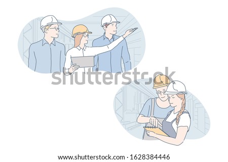 Engineer, industrial, building, teamwork set concept. Men and women present building. Boy and girl builders do teamwork, check plan of industrial project. Engineer examines factory. Simple flat vector