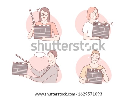 Shot, clapperboard, film production set concept. Young men and women hold clapperboard in their hands during shots. Happy boys and girls take part in film, clip, movie production. Simple flat vector