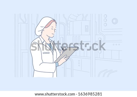 Technologist, production quality control concept. Young woman technologist is checking equipment condition in factory. Girl inspector examines production quality control in plant. Simple flat vector.