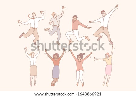 Jumping business people set. International diversity in cartoon style. Illustration of isolated jumping friends business men and women. Bundle of students dancing because of winning. Simple vector