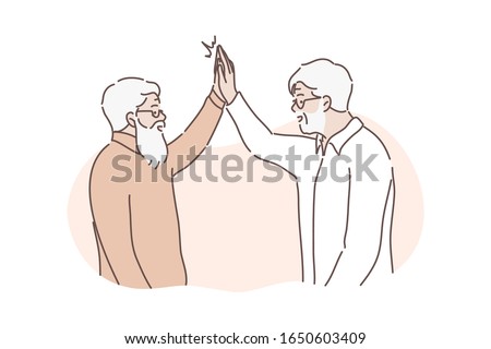 Friendly greeting concept. Happy old men friends are together and greet each other with high five. Illustration of true friendship. Two pensioners are excited meet each other. Simple flat vector