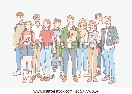 Student, education, study, college set concept. Group of young men, women students friends teenagers together. University and college life. Education, learning, study process. Simple flat vector