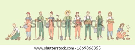 Farming, rural life, gardening, agriculture set concept. Group young of people, men, women, agricultural workers together in village farm. Planting trees, seeding. Rural lifestyle. Simple vector