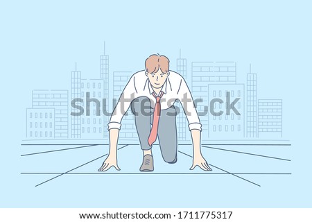 Competition, challenge, business concept. Young happy smiling businessman boy office clerk or manager cartoon character ready for work or race. Preparation for contest or startup and career beginning.