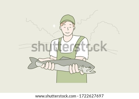 Hobby, fishing, caught concept. Young happy smiling boy angler fisherman cartoon character showing catch and loking straight at camera. Summer holiday recreation and active lifestyle illustration.