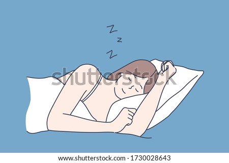 Sleep, rest, dream concept. Young serene tired calm smiling woman or girl cartoon character sleeping lying on bed at room home and taking nap. Resting time and comfortable relaxation illustration.