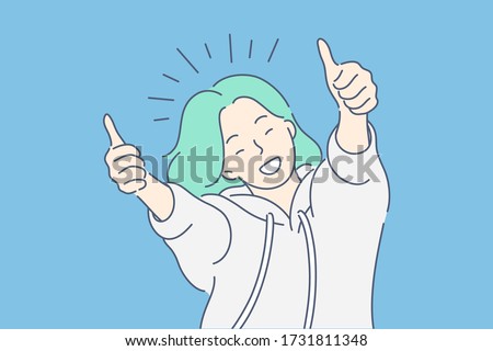 Like sign, joy, approval, happiness concept. Young happy smiling woman or girl teenager cartoon character showing thumbs up. Success and goal achievement facial expression flat vector illustration.