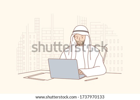 Arab man works in office concept. Smiling happy arabic businessman muslim clerk manager cartoon character sitting at laptop in a modern office wearing traditional attire. Business working process.