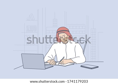 Arab man working in office concept. Sad unhappy arabic businessman muslim clerk manager cartoon character sitting at laptop in a modern office wearing traditional attire. Mental stress fatigue at work