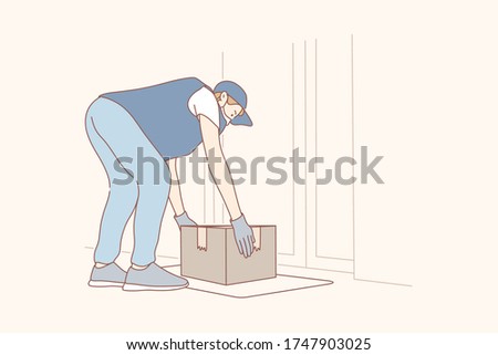 Contactless delivery concept illustration. Young man or boy courier supplier cartoon character putting mail box food bag package down near entrance door. Home contactless shipment on 2019ncov lockdown Foto stock © 