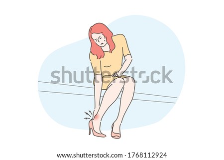 Pain, business, health, care, desease concept. Young unhappy businesswoman manager cartoon character feeling hurt getting corn from shoes. Vein thrombosis varicosity illnesses treatment illustration.