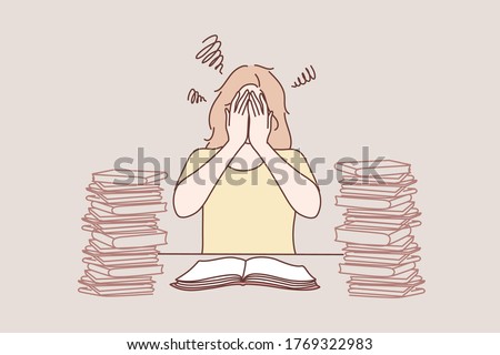 Mental stress, education, preparation, frustration, learning concept. Tired depressed frustrated woman girl student has panic attack before exam or unversity tests. Stressful time in study process.