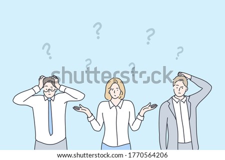 Business, problem, thinking, brainstorming set concept. Group team of confused thoughtful pensive businessmen woman asking questions searching answers and trouble solution. Collective brainstorming.