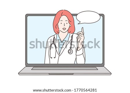 Consultation, medicine, health, care, online, conference concept. Young woman doctor consultant talking online with patient making video call looking at camera. Remote therapy session and examination.