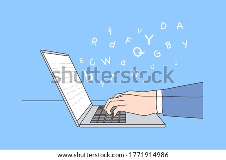 Business, work, education, report, storytelling concept. Human character editor author writer hands typing text narration using laptop. Grammar language learning remotely or sending email illustration