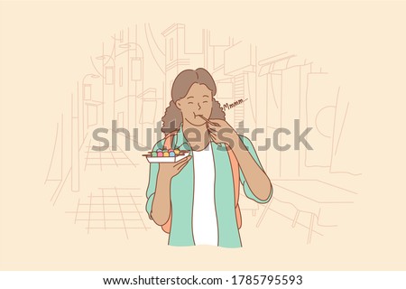 Meal, leisure time, travelling, tourism concept. Young happy woman girl tourist backpacker character eating japanese china street food dango balls. Testing exotic delicacy asian cuisine illustration.