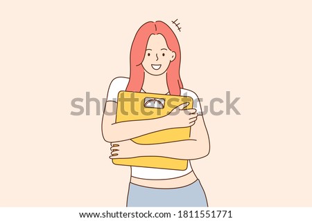 Diet, health, care, happiness, success, workout concept. Young happy smiling cheerful woman girl cartoon character standing holding scale. Dieting healthy lifestyle and losing weight illustration.