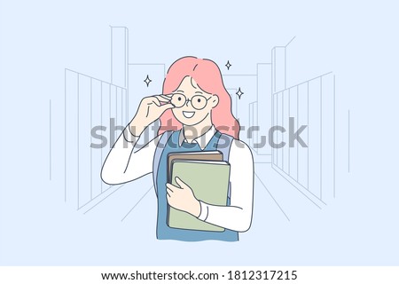 School, education, study, learning concept. Young happy smiling cheerful girl pupil cartoon character standing with books and looking at camera. Back to school and getting knowledge illustration.