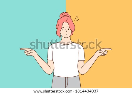 Choice, thinking, doubt, problem concept. Young pensive thoughtful confused doubtful woman girl cartoon character standing and choosing between two colors or ways pointing in other sides illustration.