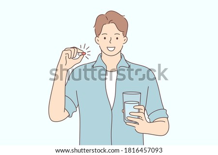 Health, care, medicine, advertisement, drug concept. Young happy smiling man guy boy cartoon character holds pharmacy pills and glass of water. Healthy lifestyle promotion medical support illustration