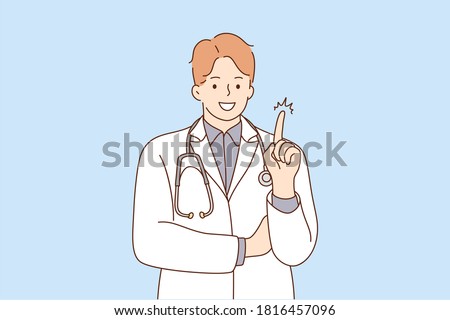 Health, care, denial, prohibition concept. Young happy smiling doctor hospital worker cartoon character standing saying No with finger sign. Rejection denying treatment or medical support illustration