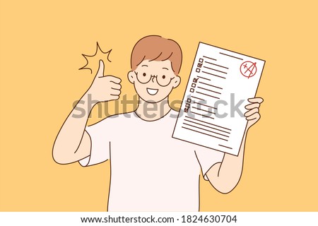 Childhood, education, study, success, like concept. Young happy cheerful smiling boy pupil character standing with test exam results showing thumbs up. Successful goal achievement and back to school.