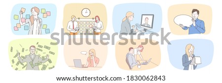 Success, business, profit, plan, time management, communication, wealth, teamwork set concept. Collection of businessmen women clerks managers work together in office planning strategy talking online.