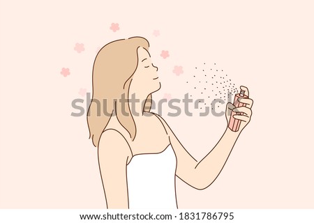 Beauty, fashion, spray, advertising concept. Young happy cheerful smiling beautiful woman girl cartoon character spraying applying perfume with magnificent scent on skin. Cologne ads illustration.