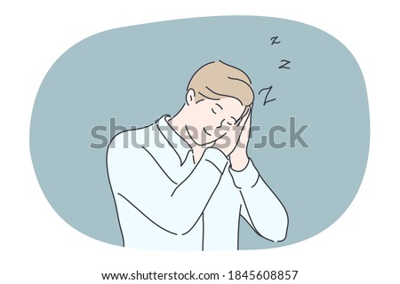 Business, sleep, fatigue, dream, insomnia concept. Tired idle businessman clerk manager cartoon character standing sleeping at workplace in dreaming pose. Rest after work and relaxation illustration.